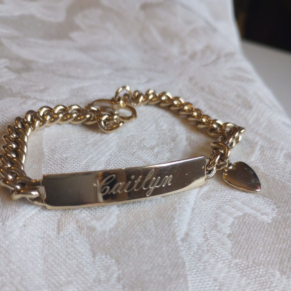 Vintage heart charm Goldtone ID Bracelet Engraved Caitlyn  7” Signed Spidel